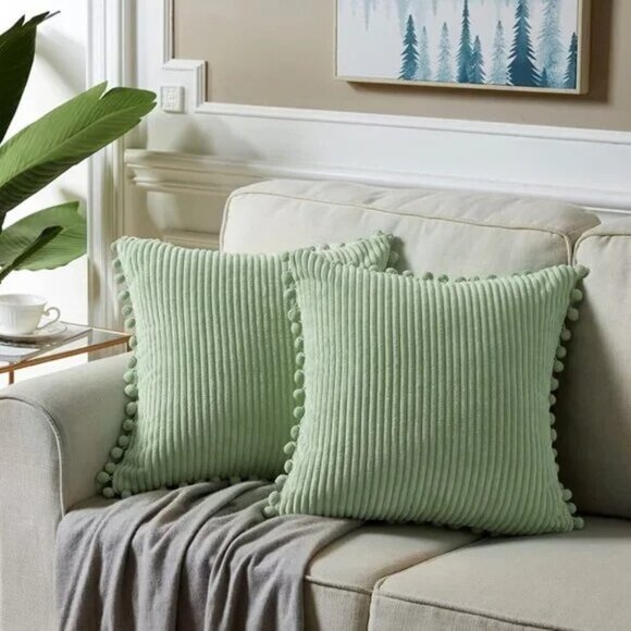 Moss Green Luxury Farmhouse Dorm Velvet Pompom Cute Throw Pillow Cover/CaseSet - Picture 8 of 8